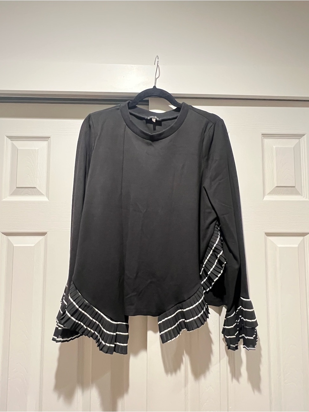 Black Blouse with Pleated Stripe Hem and Cuffs